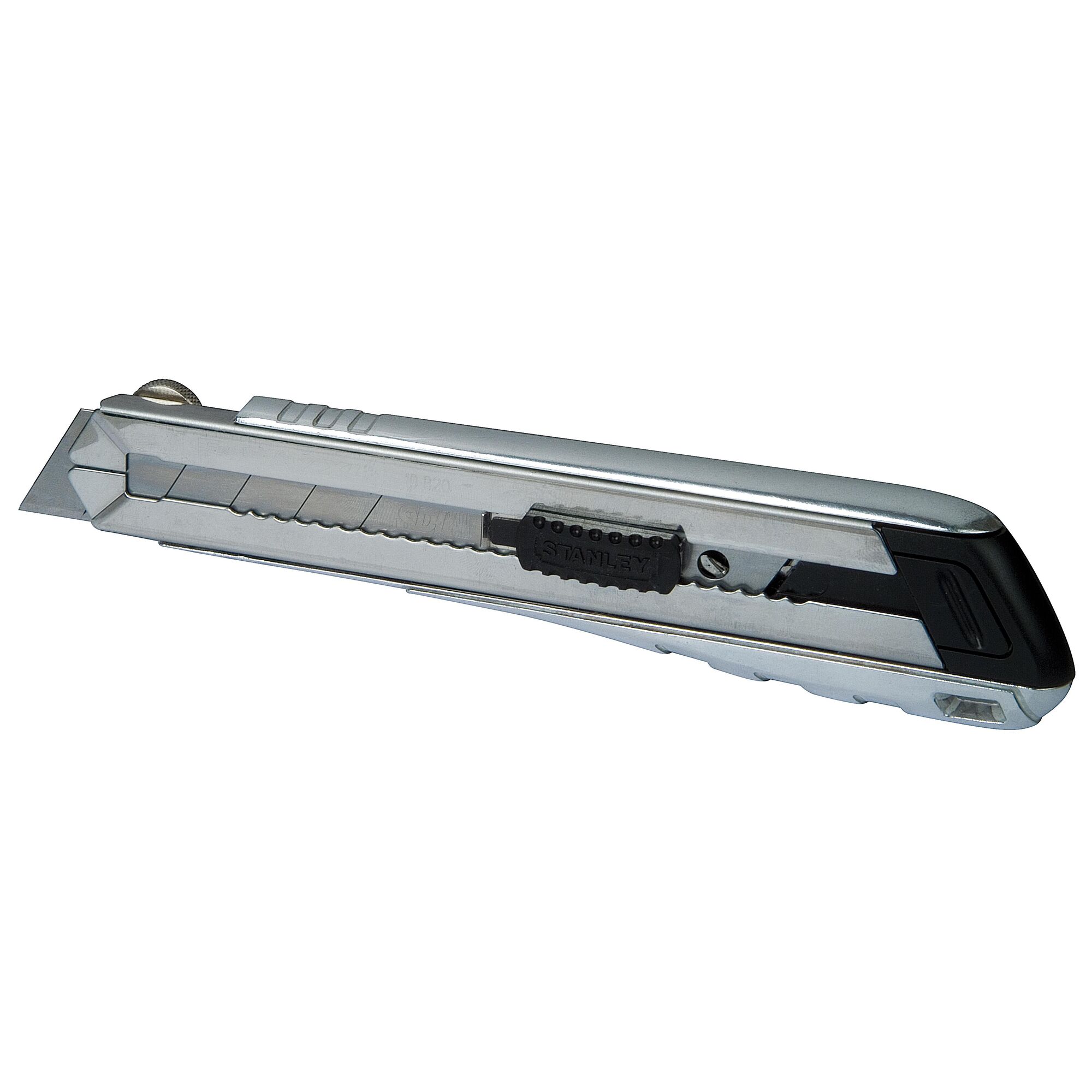 STANLEY 0-10-820 couteau utilitaire argenté, angle latéral, curseur noir et lame sécable visible.